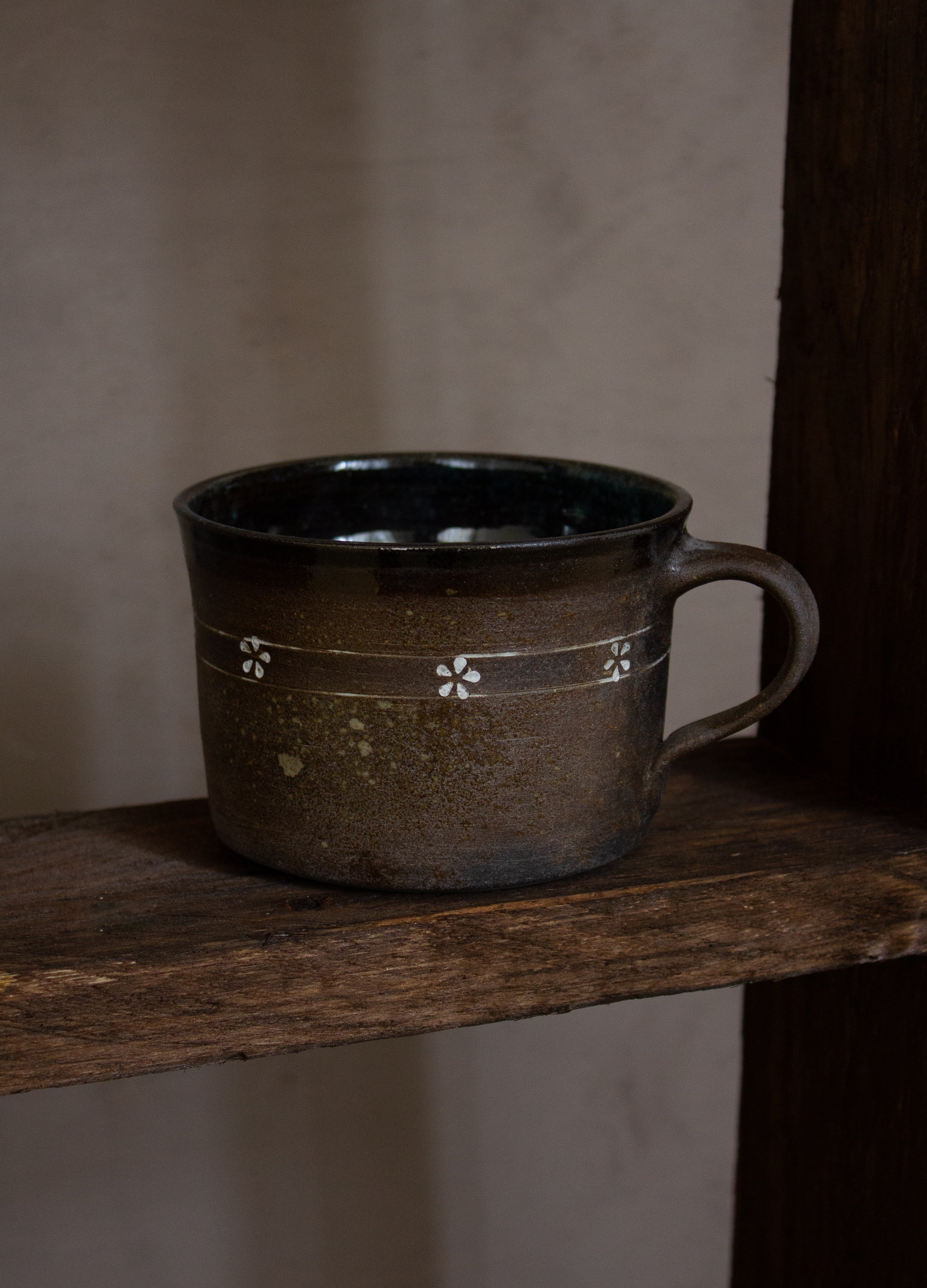 Dark Clay Tea Cup | Ceramic Floral Detail Mug