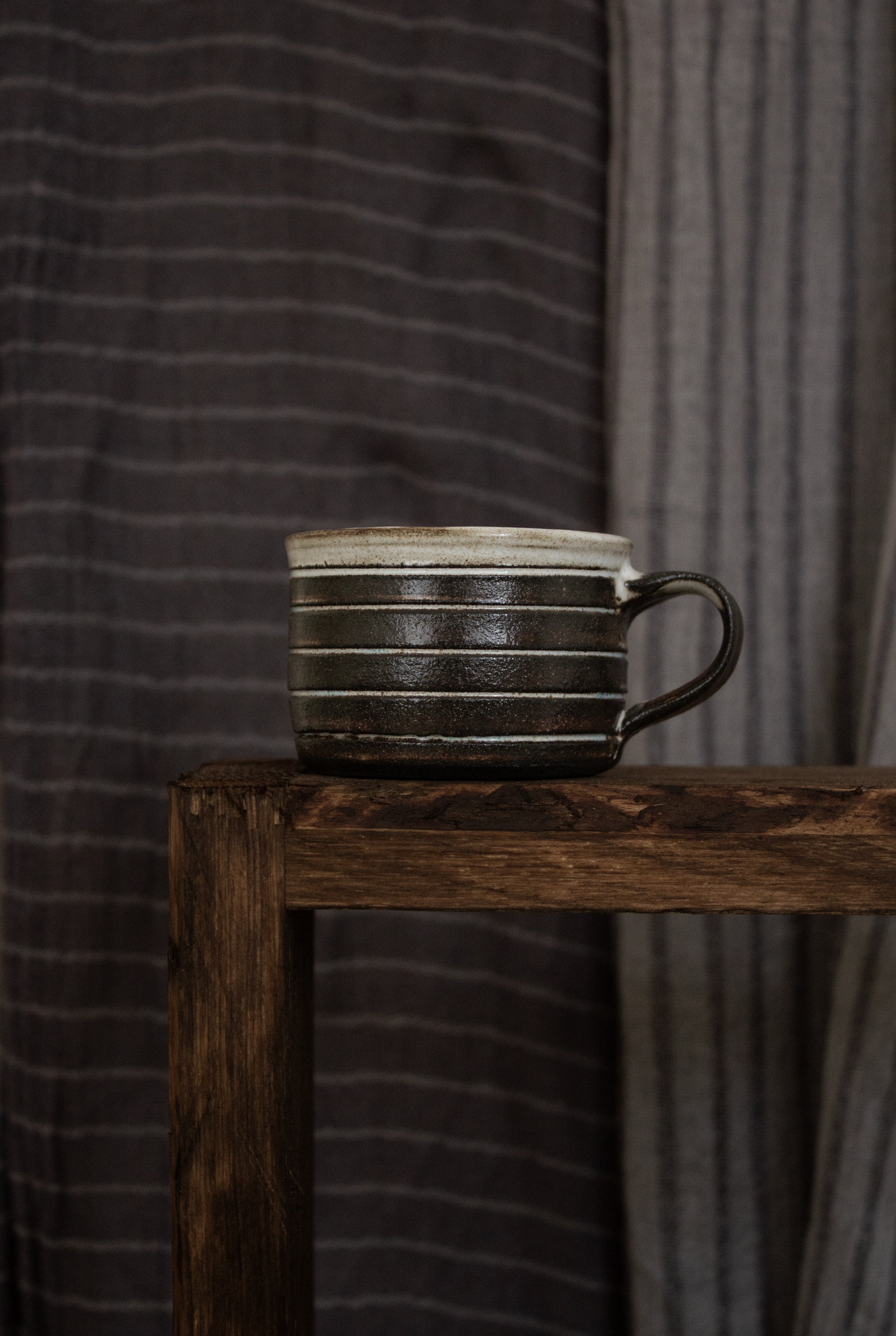 Striped Dark Clay Espresso Small Mug | Czech Handmade Ceramic Cup