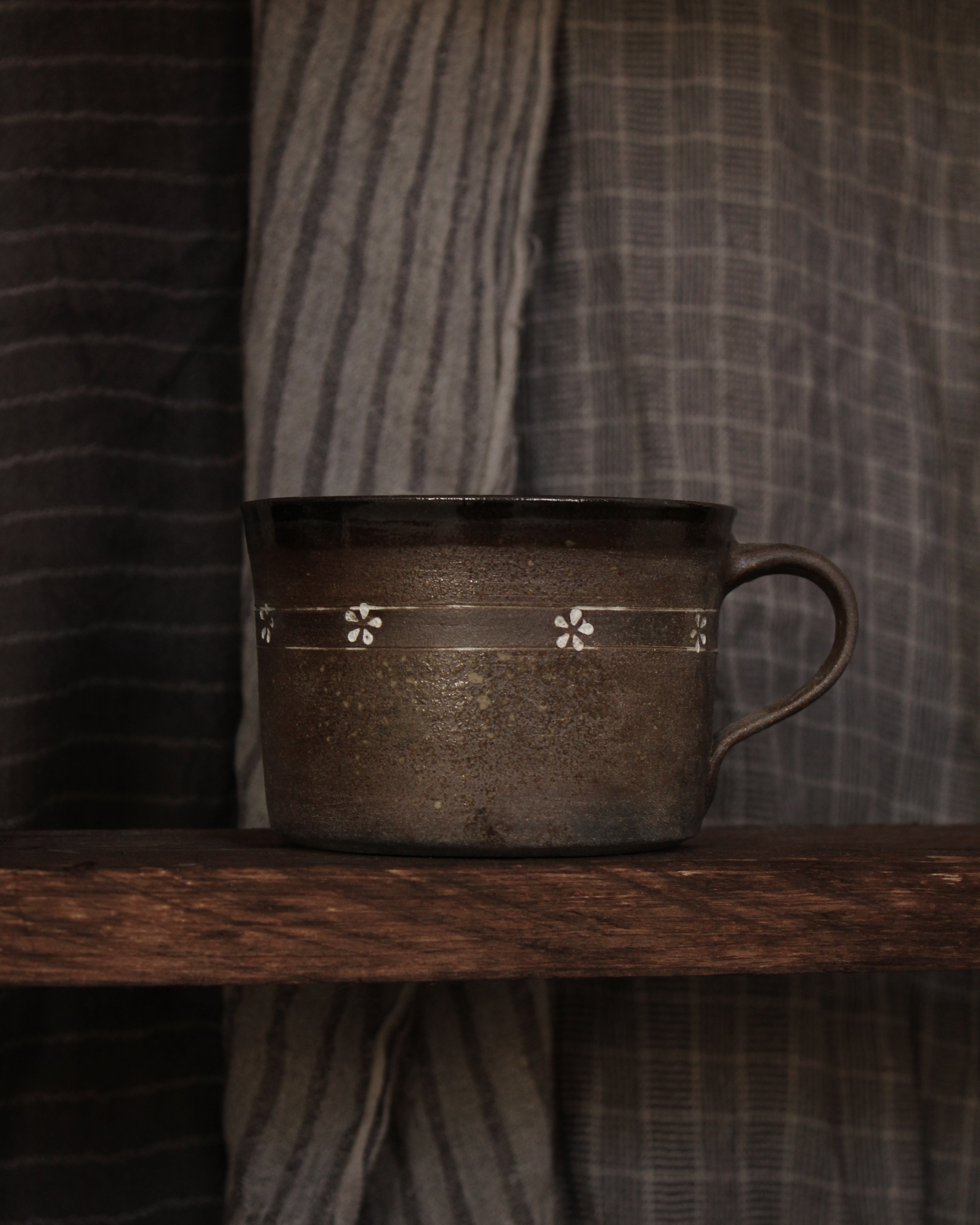 Dark Clay Tea Cup | Ceramic Floral Detail Mug